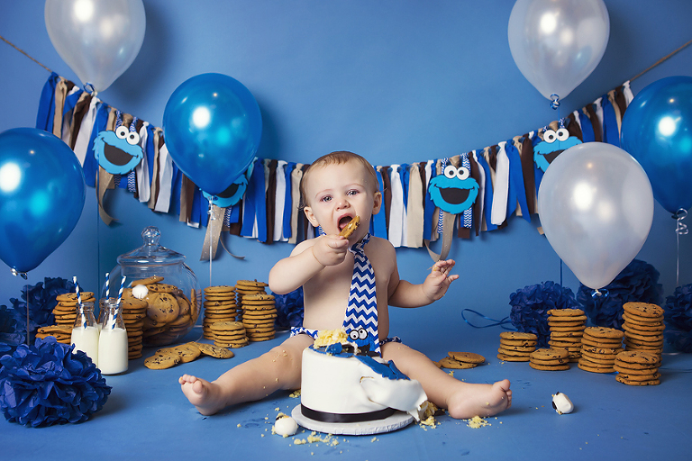 Evan's Cookie Monster 1st Birthday Cake Smash for National Cookie Day